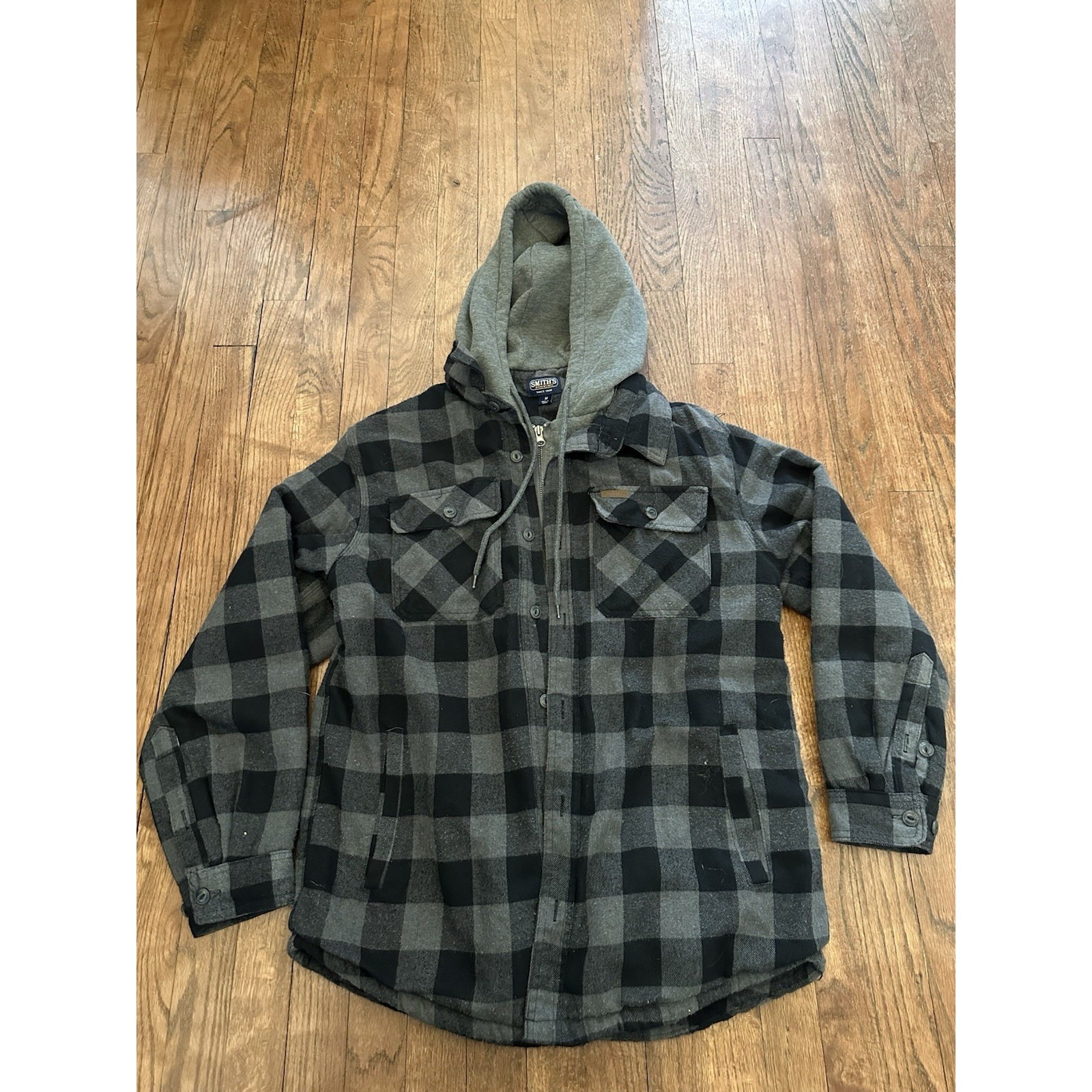 Smith's Workwear Jacket Mens Medium Gray Black Plaid Sherpa Lined Hooded Flannel